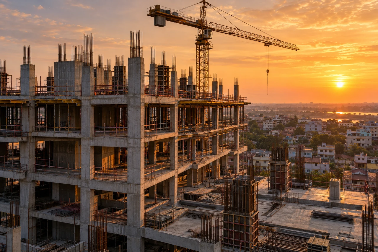 Representative concrete construction structure and crane at sunset in India